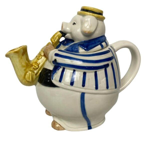 Vintage Hand Painted Teapot Musician Pig Playing Saxophone Jazz Vintage Japan - Picture 6 of 16